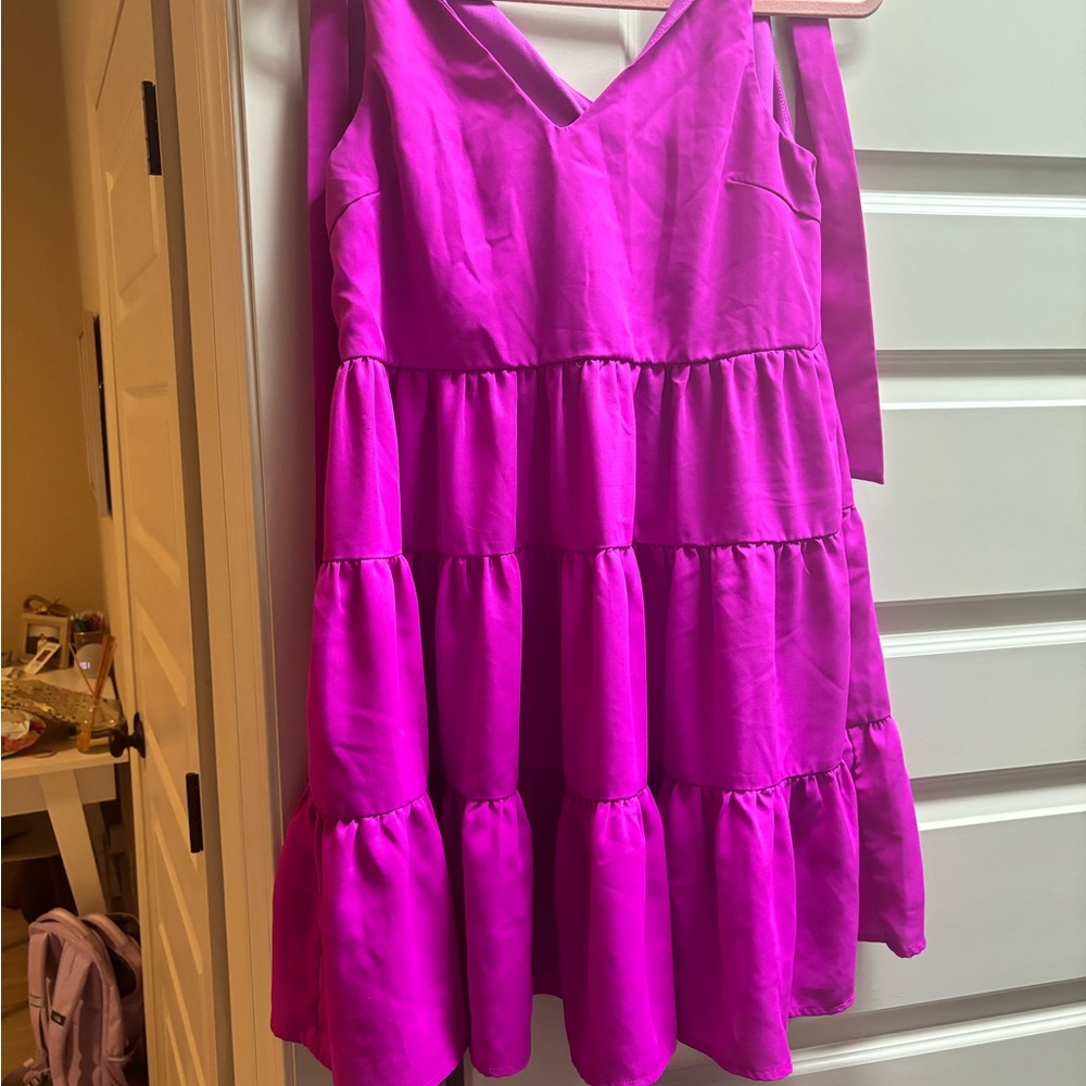 TCEC Pink Ruffled Tiered Sundress with tie sleeves and V-neck